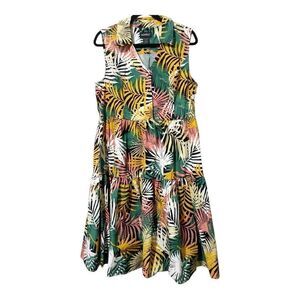 Ashro Women Sleeveless Fit And Flare Foliage Jungle Tropical Shirt Dress Size 16
